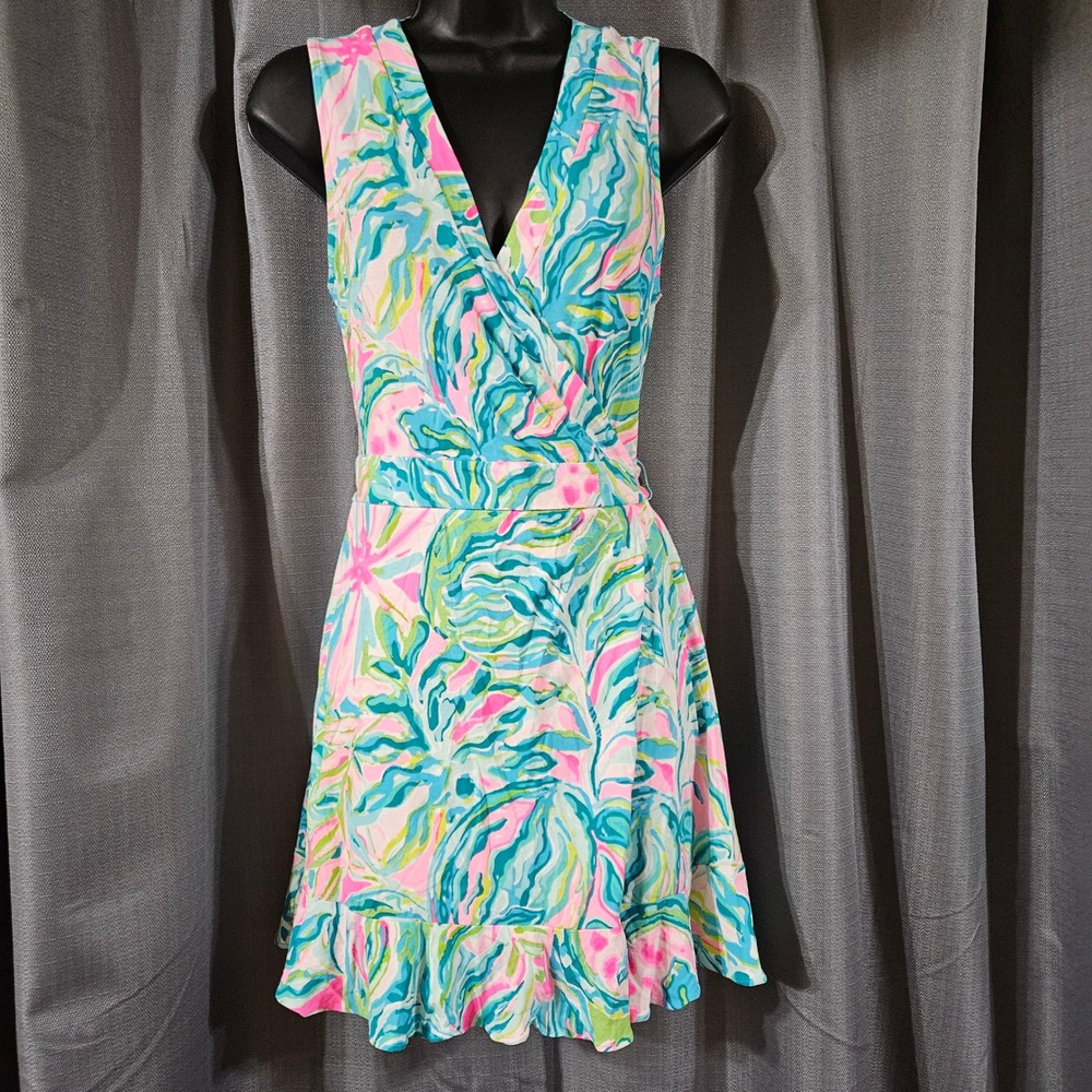 Lilly Pulitzer Women Small Pink Blue Tropical Floral Ruffle Wrap Skort Dress